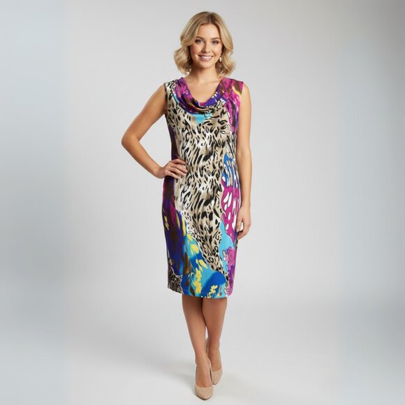 Joseph Ribkoff Animal Floral Sleeveless Dress 8 Dopamine Dressing, Bright, Party - Picture 1 of 8